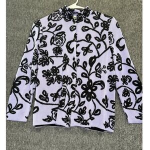 90s San Remo Lavender Black Floral Mock Neck Button Front Knit Cardigan Sweater